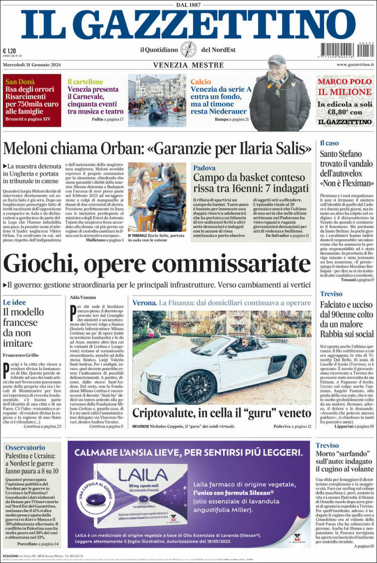 Portada de Il Gazzettino (Italia)