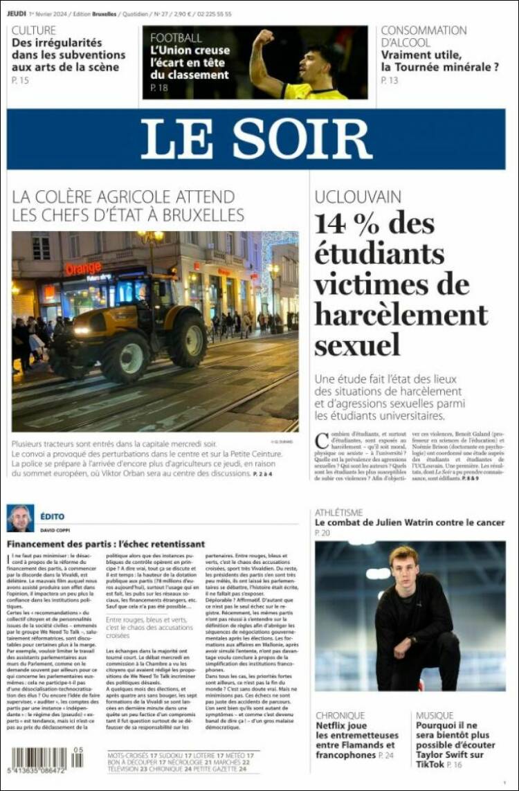 Portada de Le Soir (B&eacute;lgica)