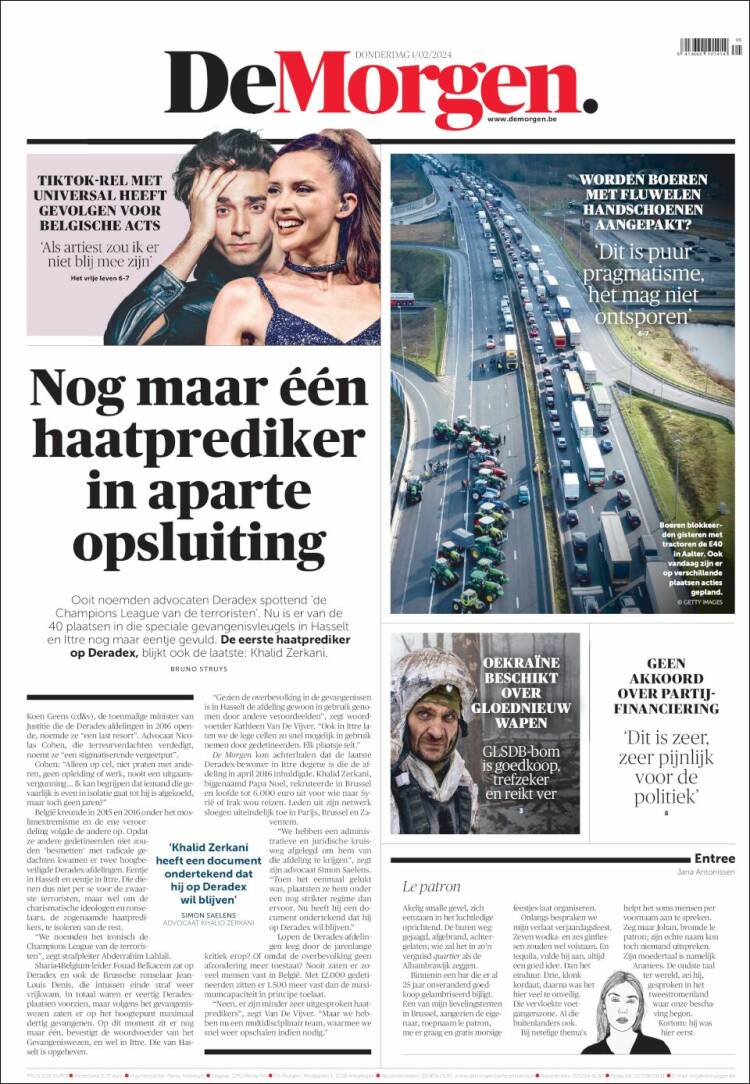 Portada de De Morgen (B&eacute;lgica)