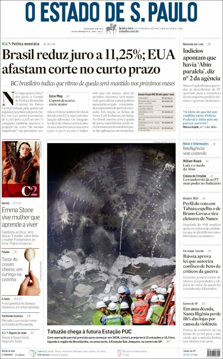 Portada de O Estado de São Paulo (Brasil)