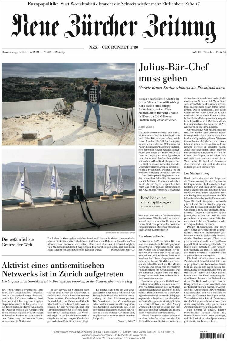 Portada de Neue Zürcher Zeitung (Suiza)
