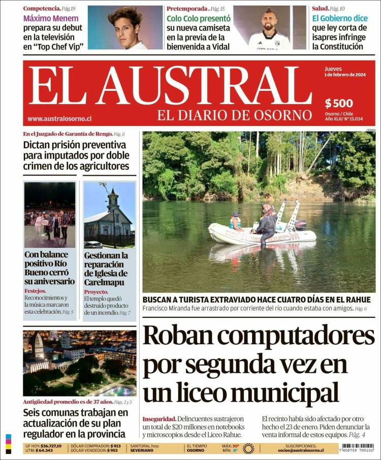 Portada de El Austral de Osorno (Chile)