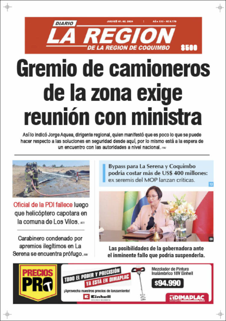 Portada de Diario La Región de Coquimbo (Chile)