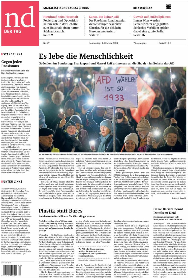 Portada de Neues Deutschland (Alemania)