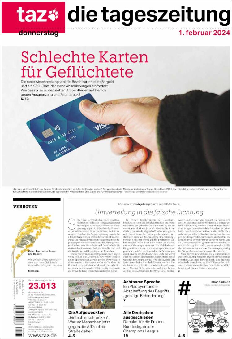 Portada de Die Tageszeitung (Alemania)