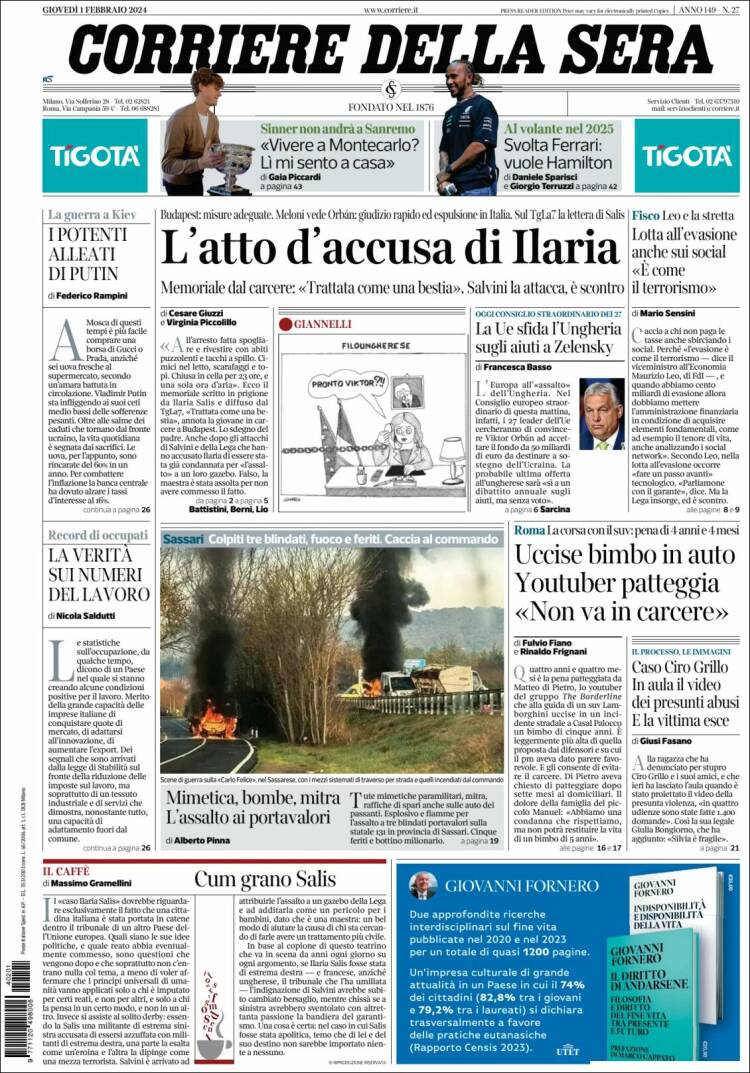 Portada de Corriere della Sera (Italia)