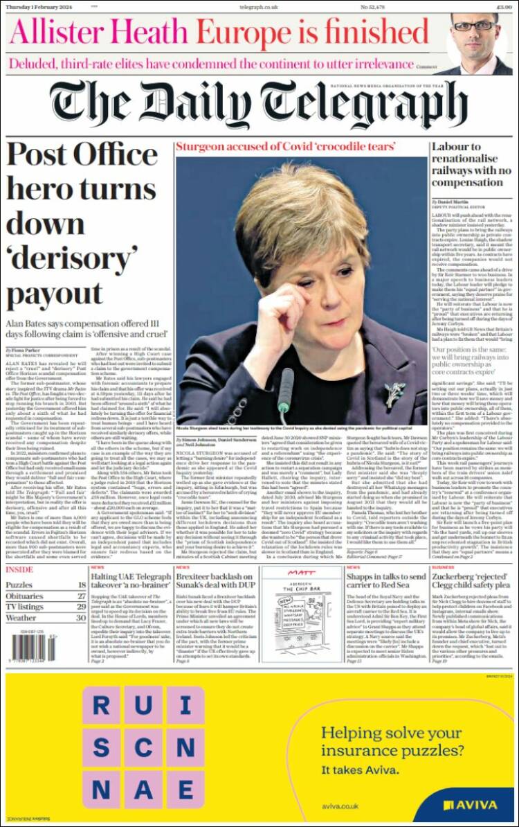 Portada de Daily Telegraph (Reino Unido)
