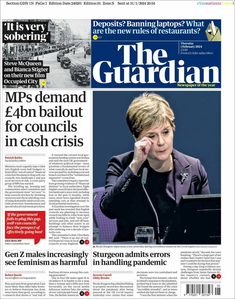 Portada de The Guardian (Reino Unido)