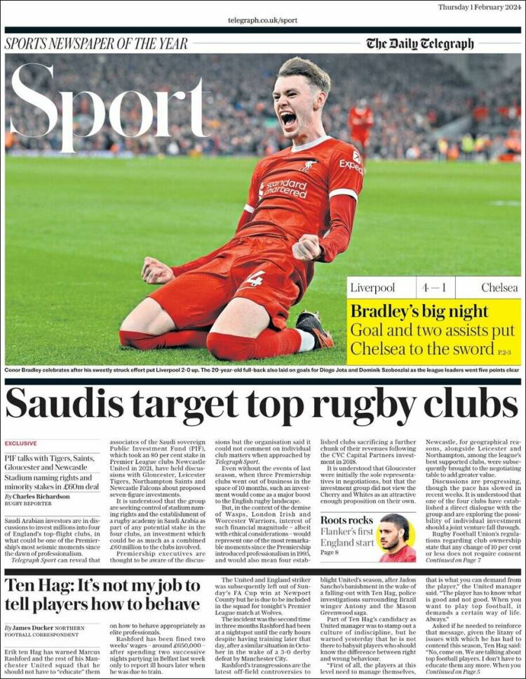 Portada de Telegraph Sport (Reino Unido)