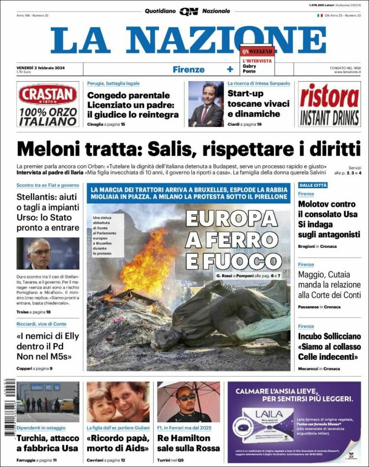 Portada de La Nazione (Italia)