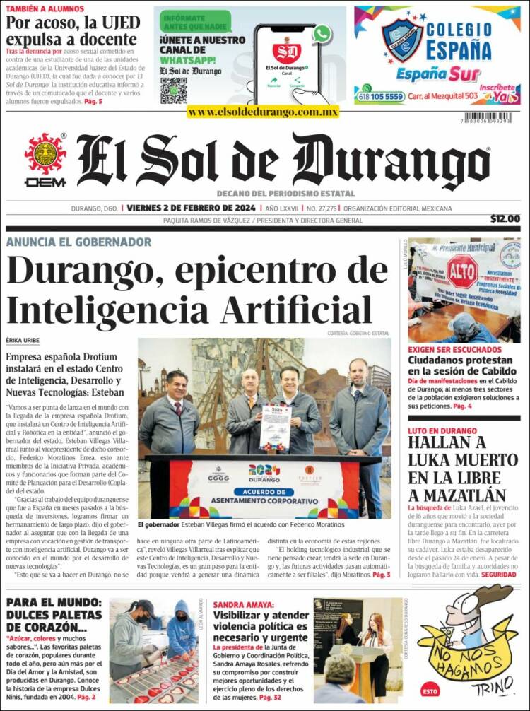 Portada de El Sol de Durango (M&eacute;xico)
