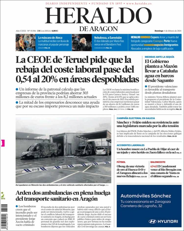 Portada de Heraldo de Aragón (España)