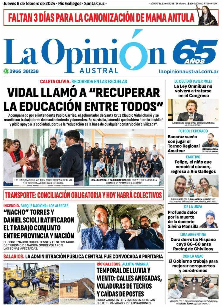 Portada de La Opinión Austral (Argentina)