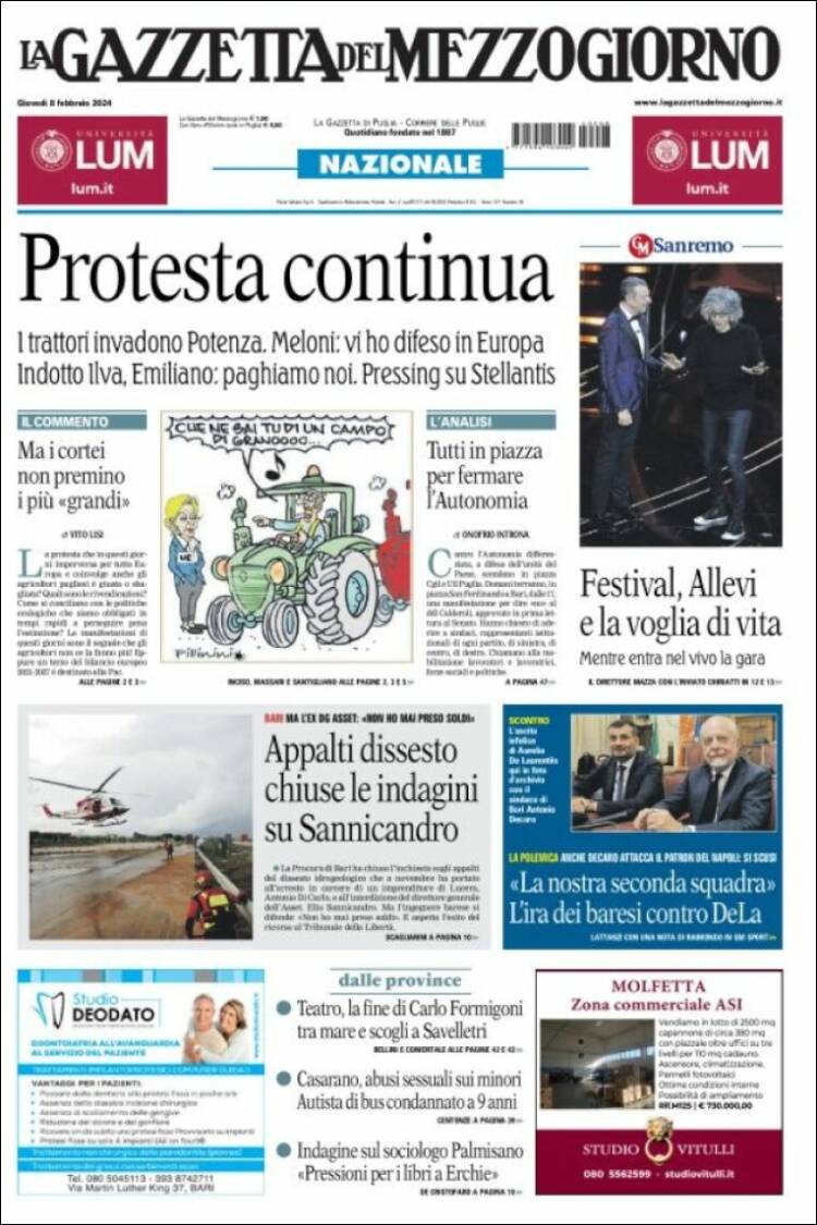 Portada de La Gazzetta del Mezzogiorno (Italia)