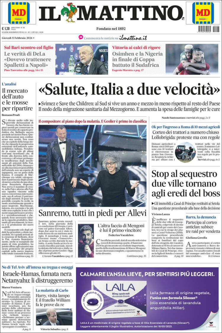 Portada de Il Mattino (Italia)