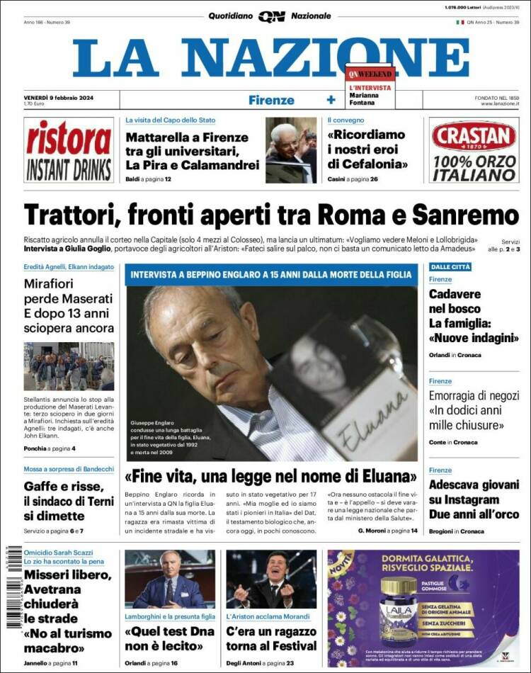 Portada de La Nazione (Italia)