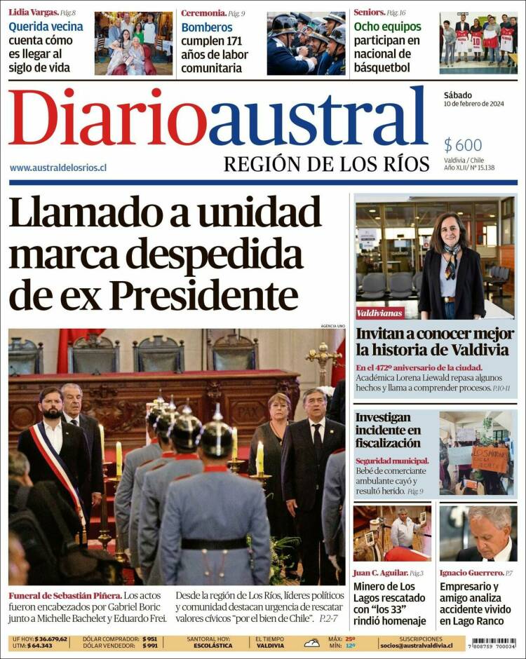 Portada de El Diario Austral de Valdivia (Chile)