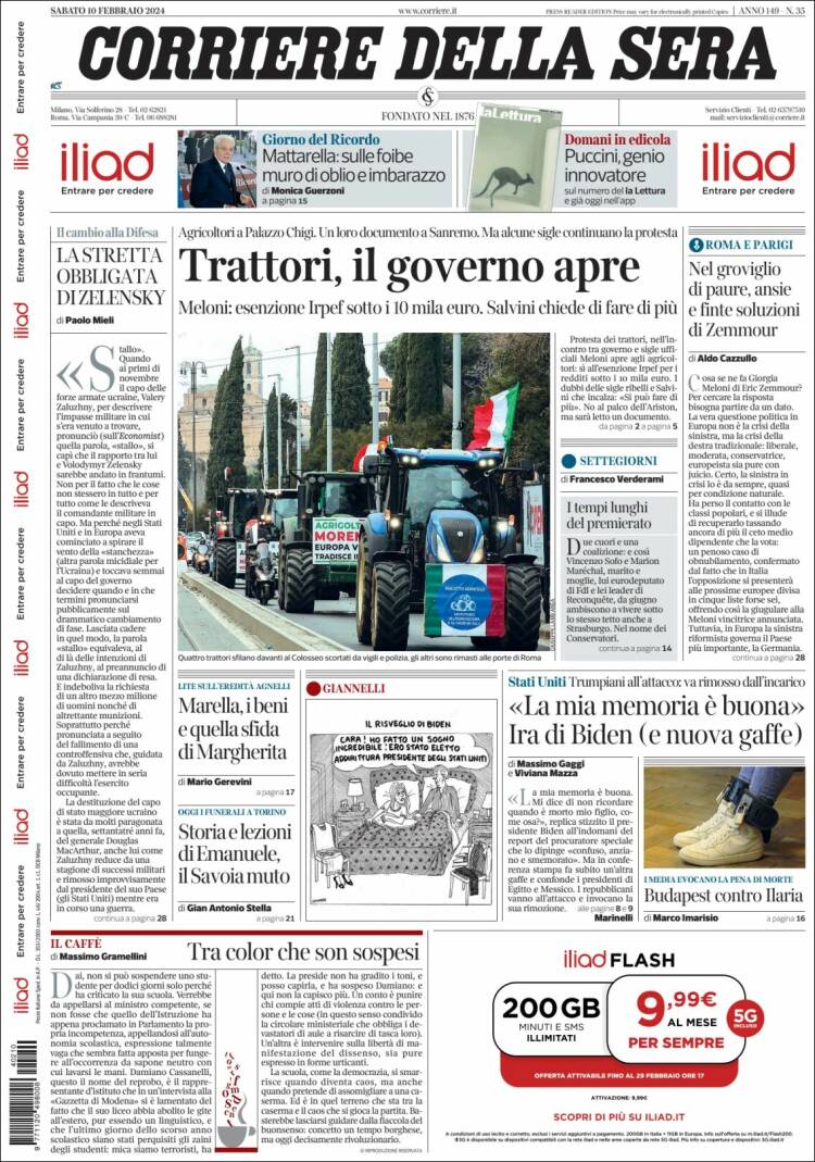 Portada de Corriere della Sera (Italia)