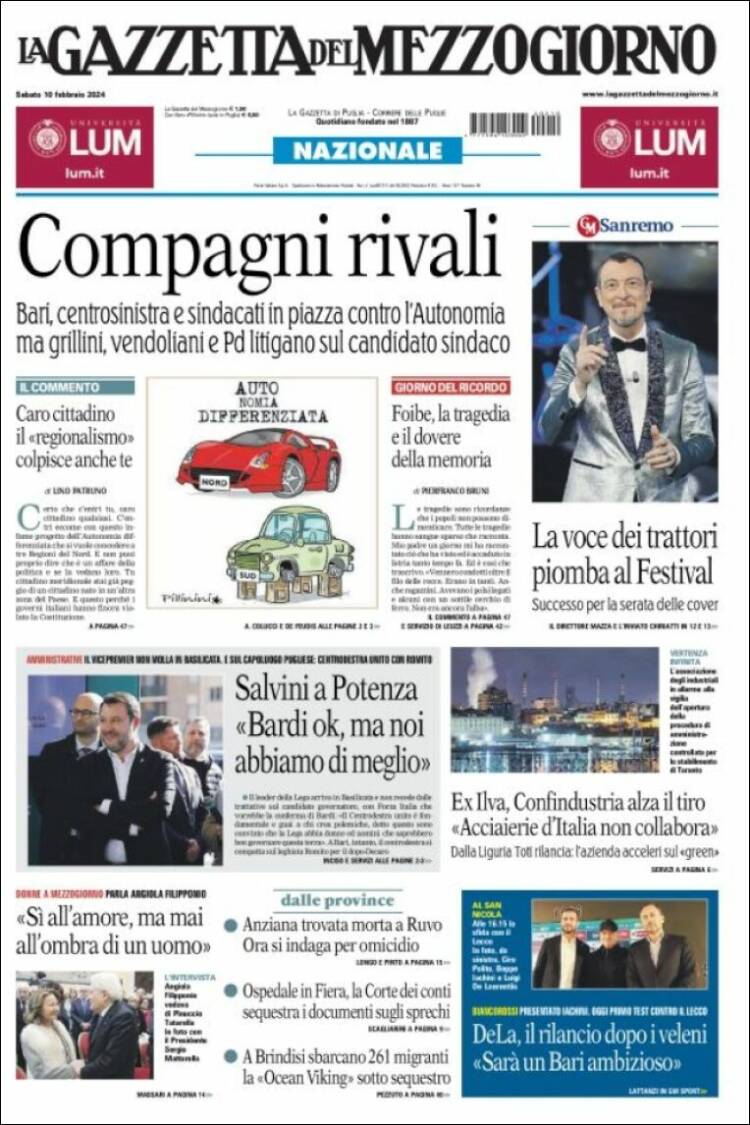 Portada de La Gazzetta del Mezzogiorno (Italia)