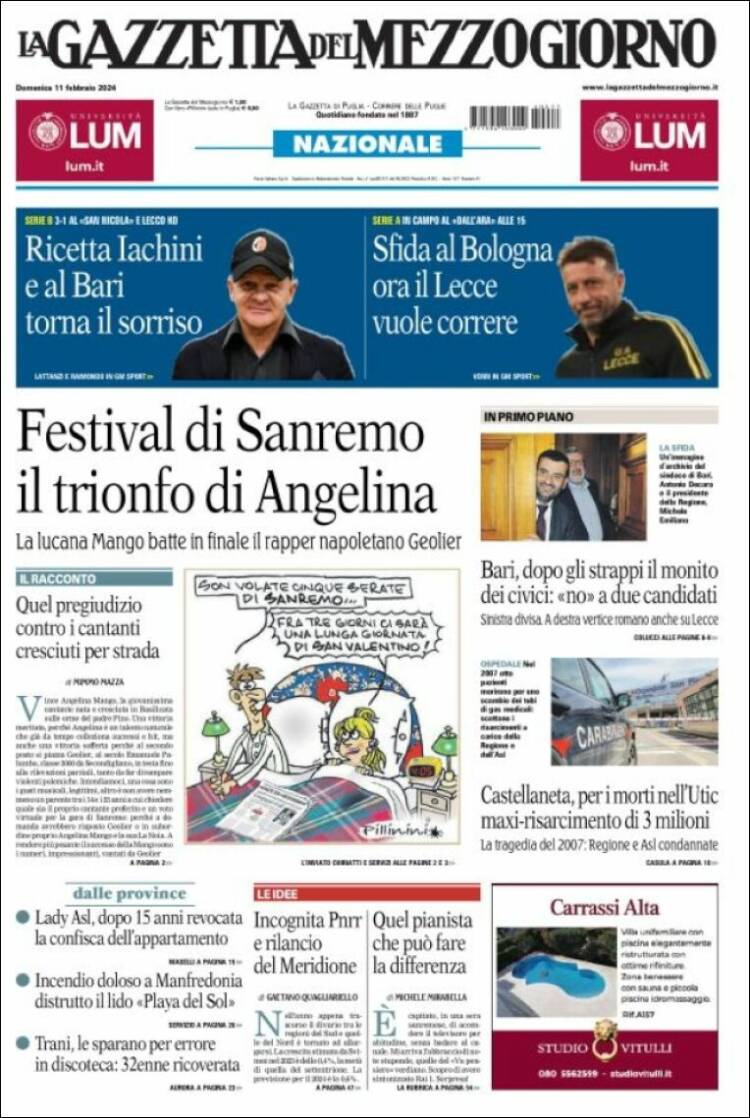 Portada de La Gazzetta del Mezzogiorno (Italia)