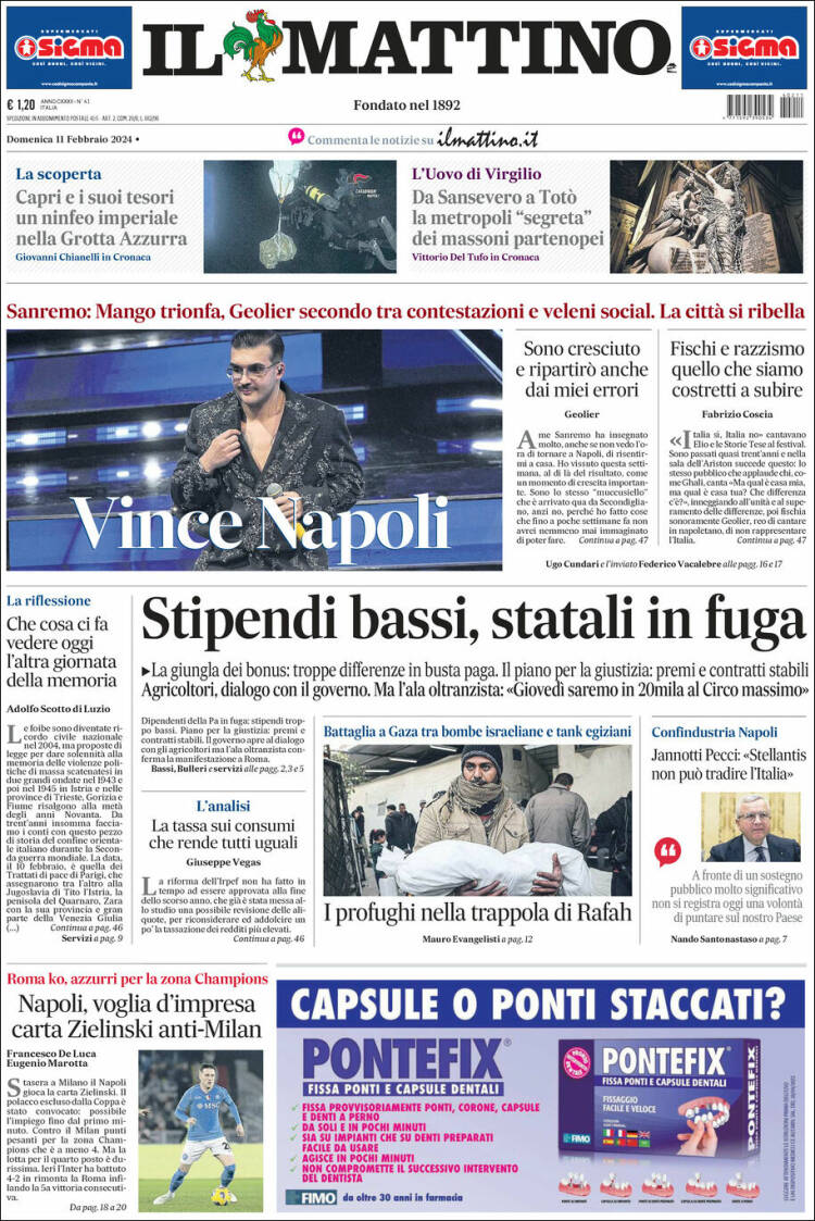 Portada de Il Mattino (Italia)