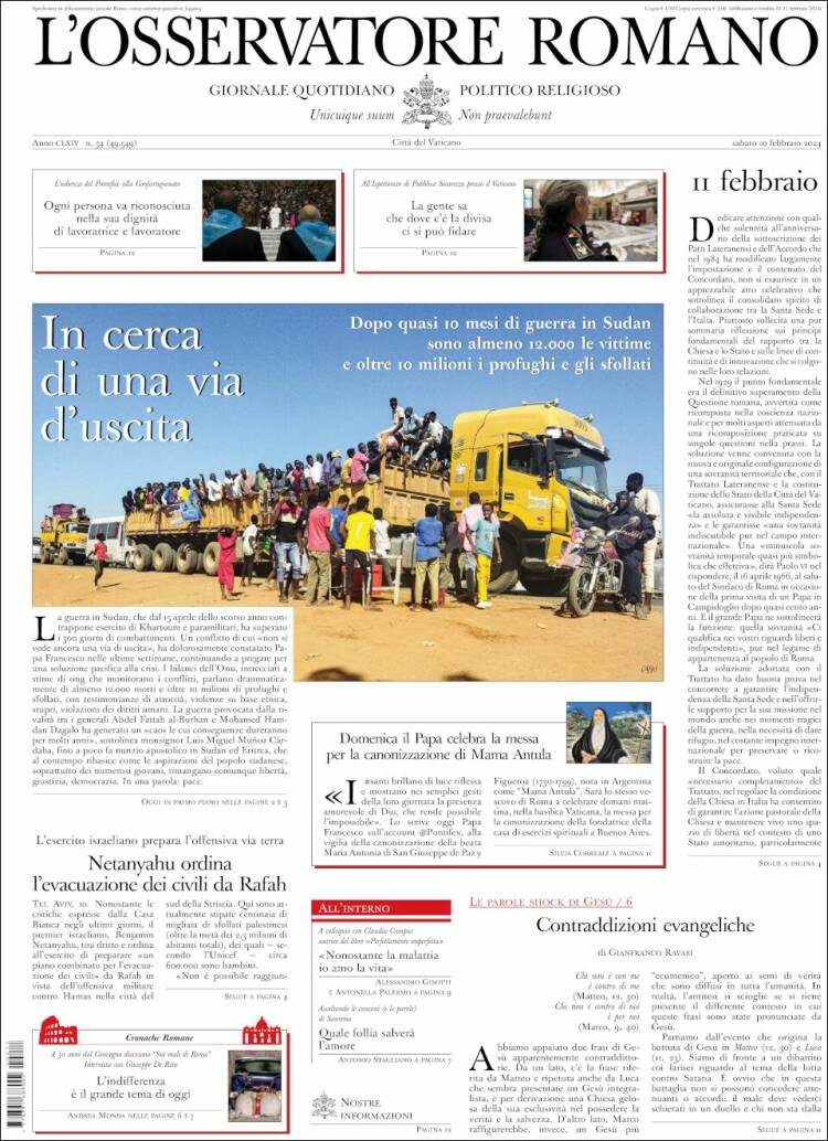 Portada de L'Osservatore Romano (Italia)