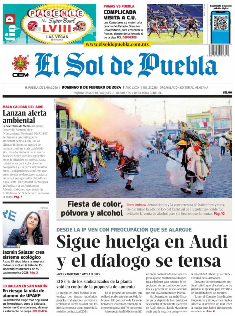 Portada de El Sol de Puebla (M&eacute;xico)