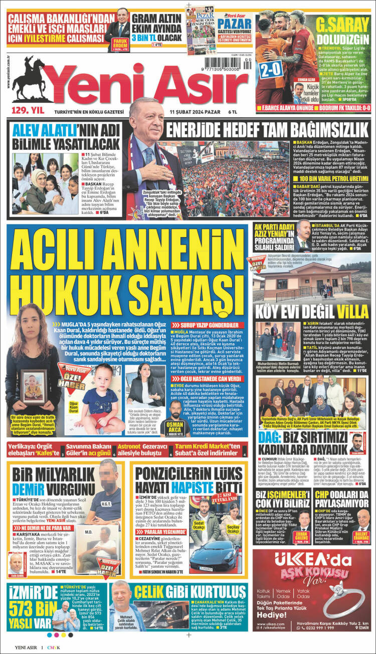 Portada de Yeni Asır (Turqu&iacute;a)
