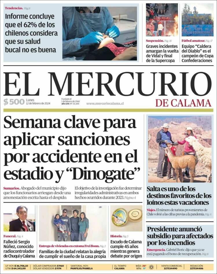 Portada de El Mercurio - Calama (Chile)