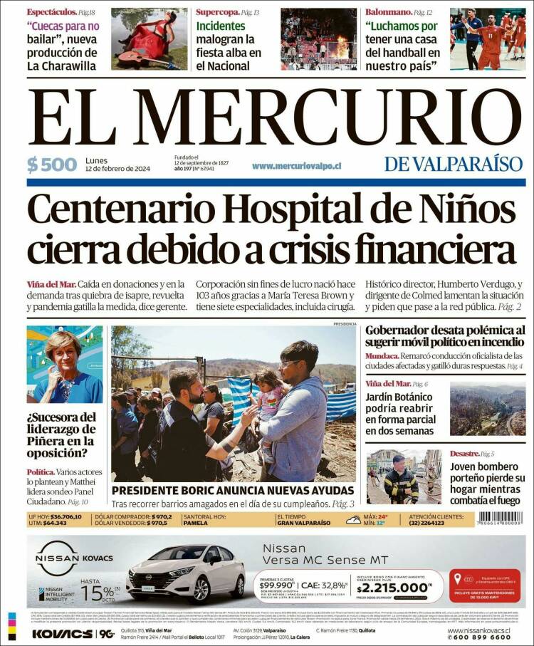 Portada de Mercurio de Valparaiso (Chile)