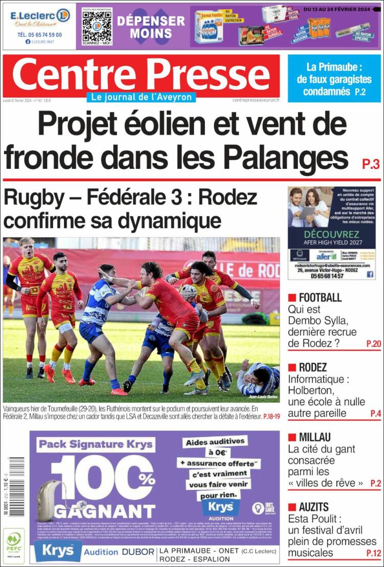 Portada de Centre Presse (Francia)