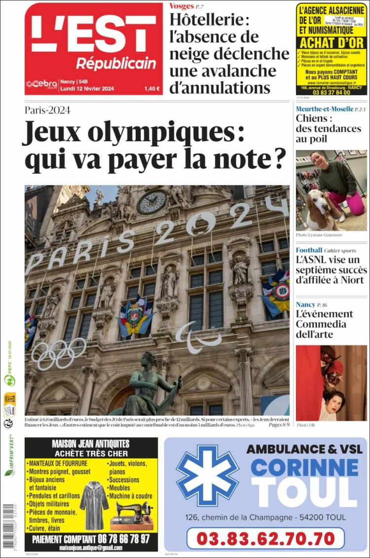 Portada de L'Est Republicain (Francia)