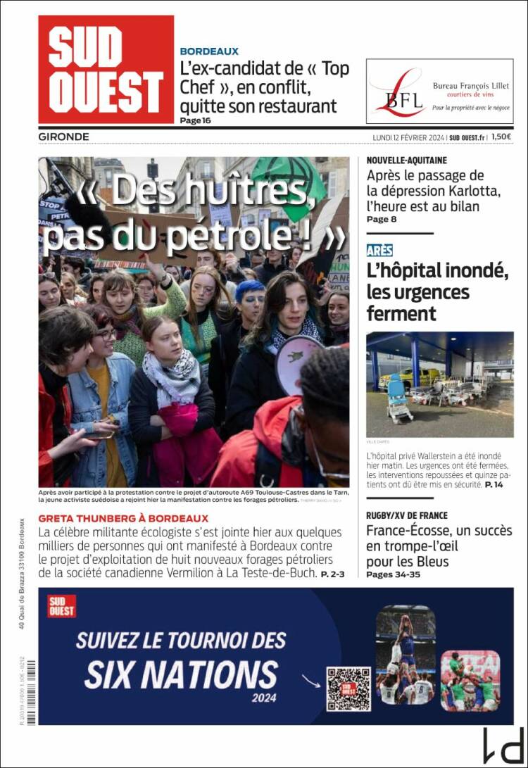 Portada de Sud Ouest (Francia)