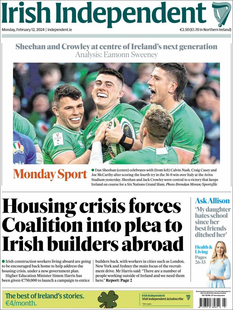 Portada de Irish Independent (Irlanda)