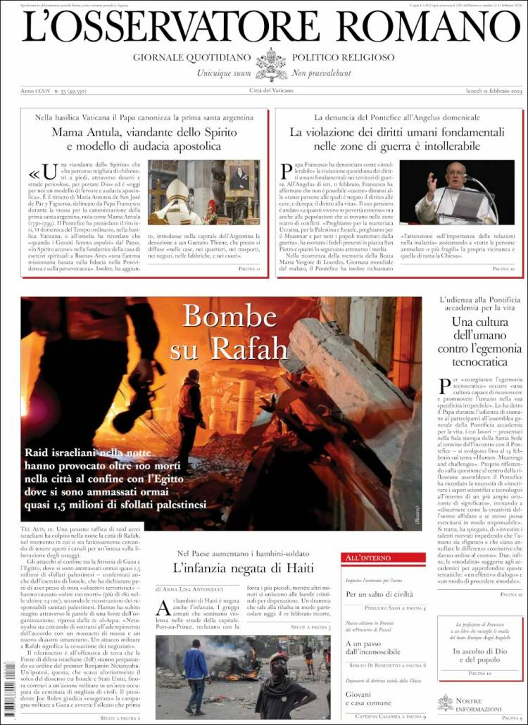 Portada de L'Osservatore Romano (Italia)