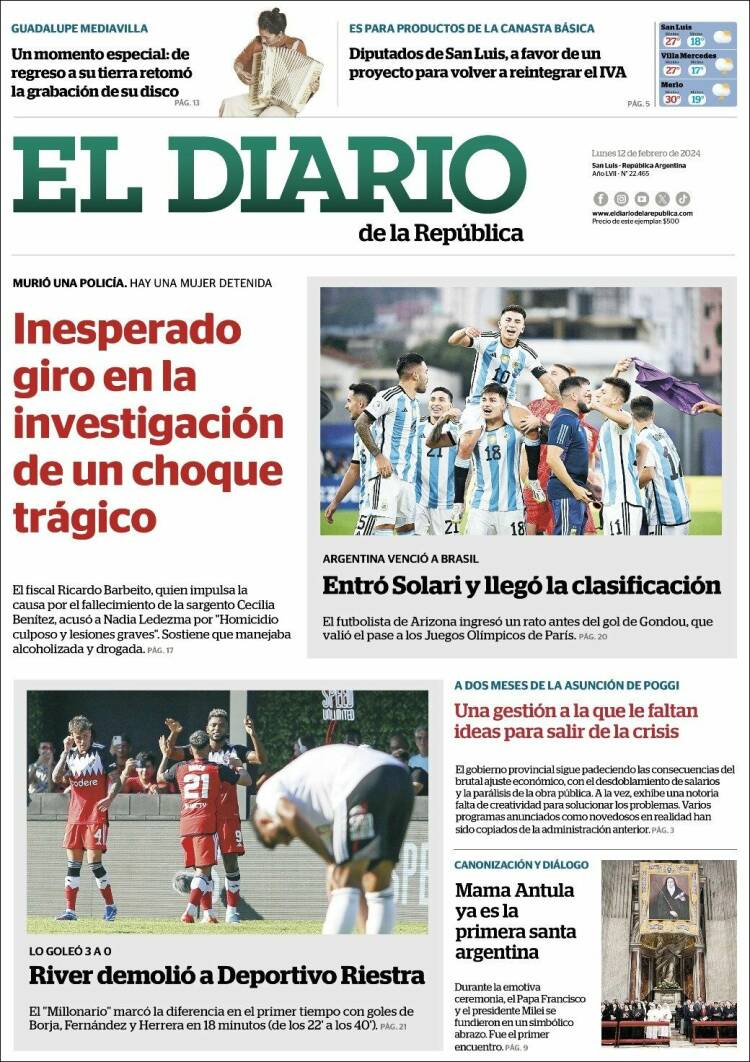 Portada de Diario de la República (Argentina)