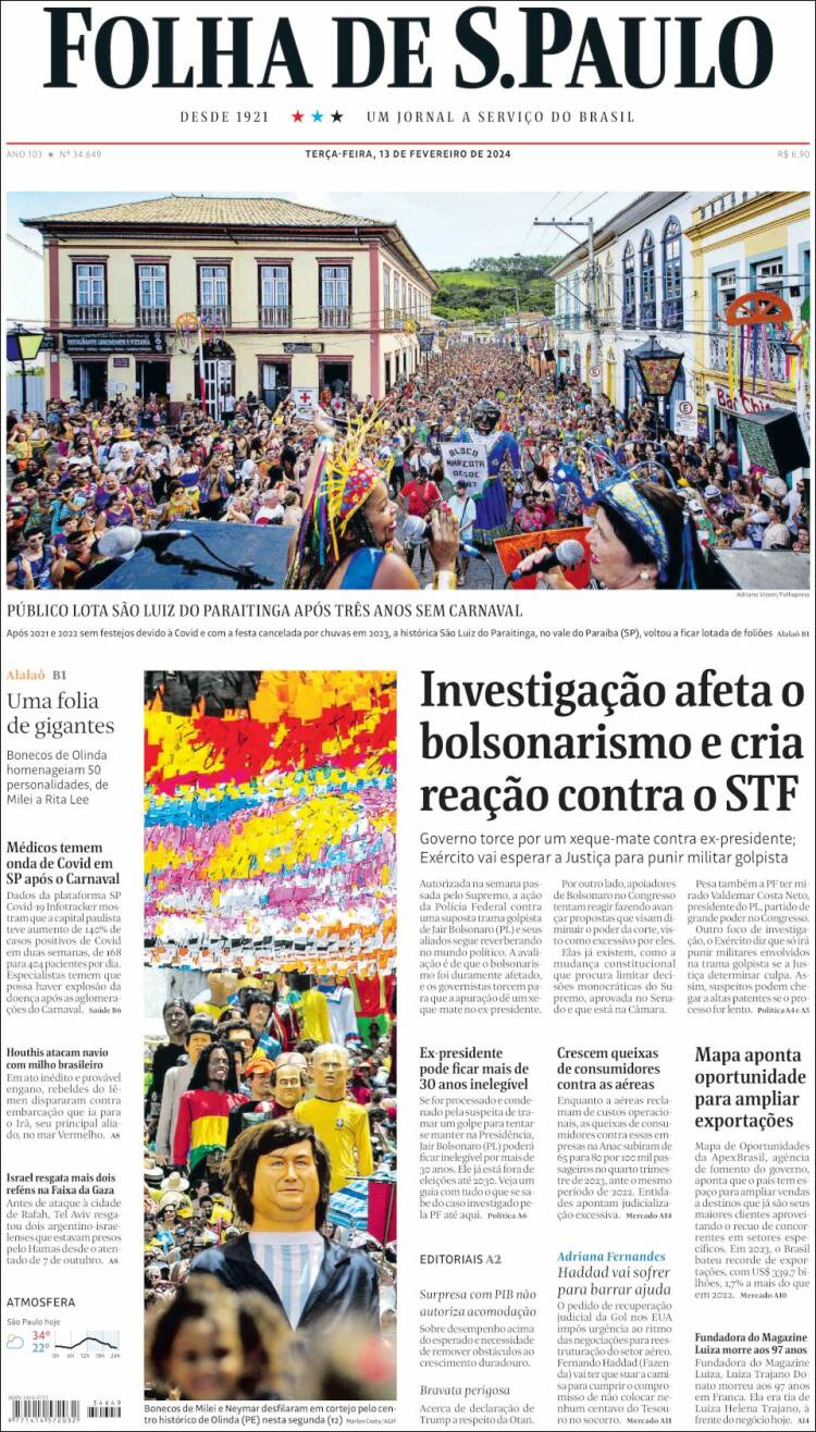 Portada de Folha de São Paulo (Brasil)