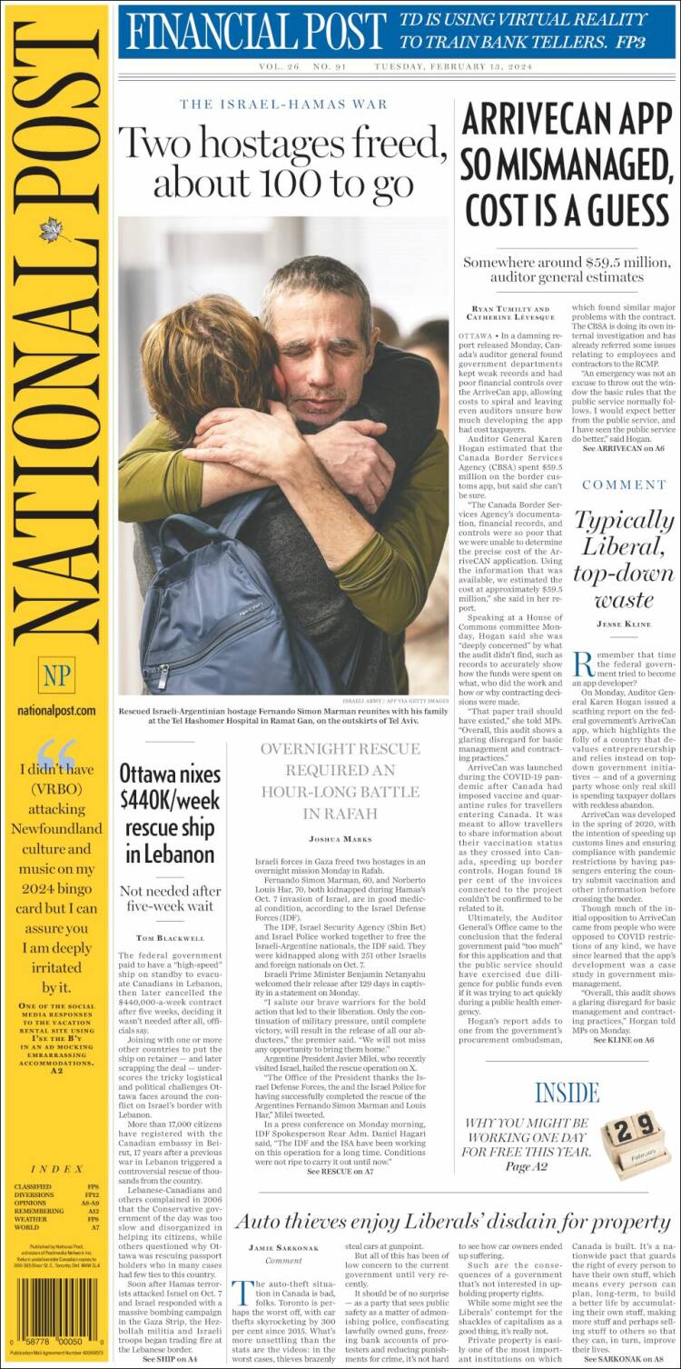 Portada de The National Post (Canadá)