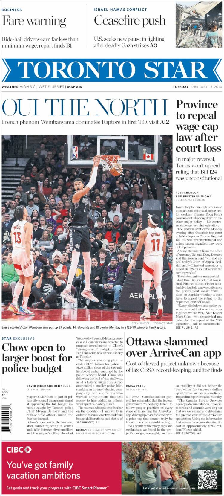 Portada de The Toronto Star (Canadá)