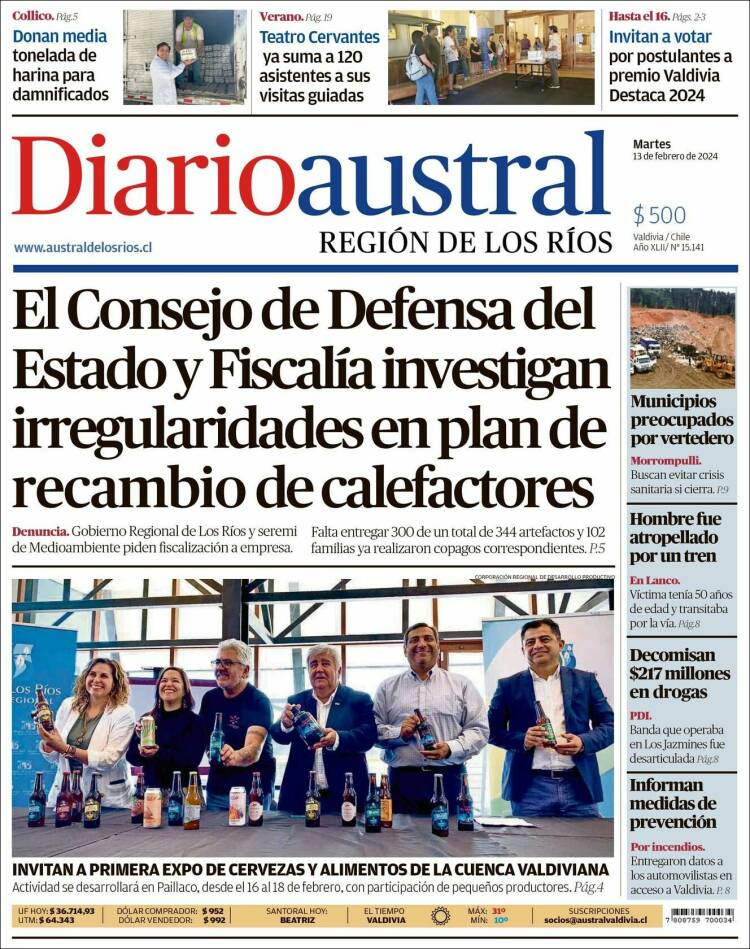 Portada de El Diario Austral de Valdivia (Chile)