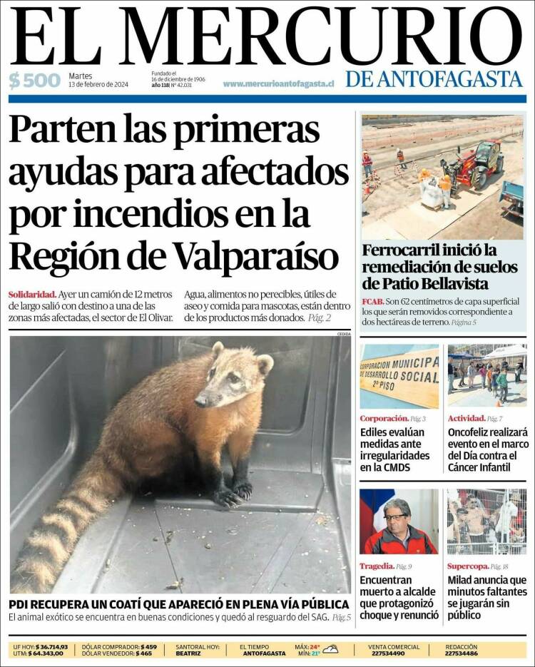 Portada de El Mercurio de Antofagasta (Chile)