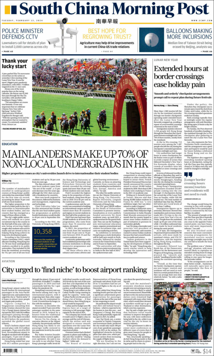 Portada de South China Morning Post (China)