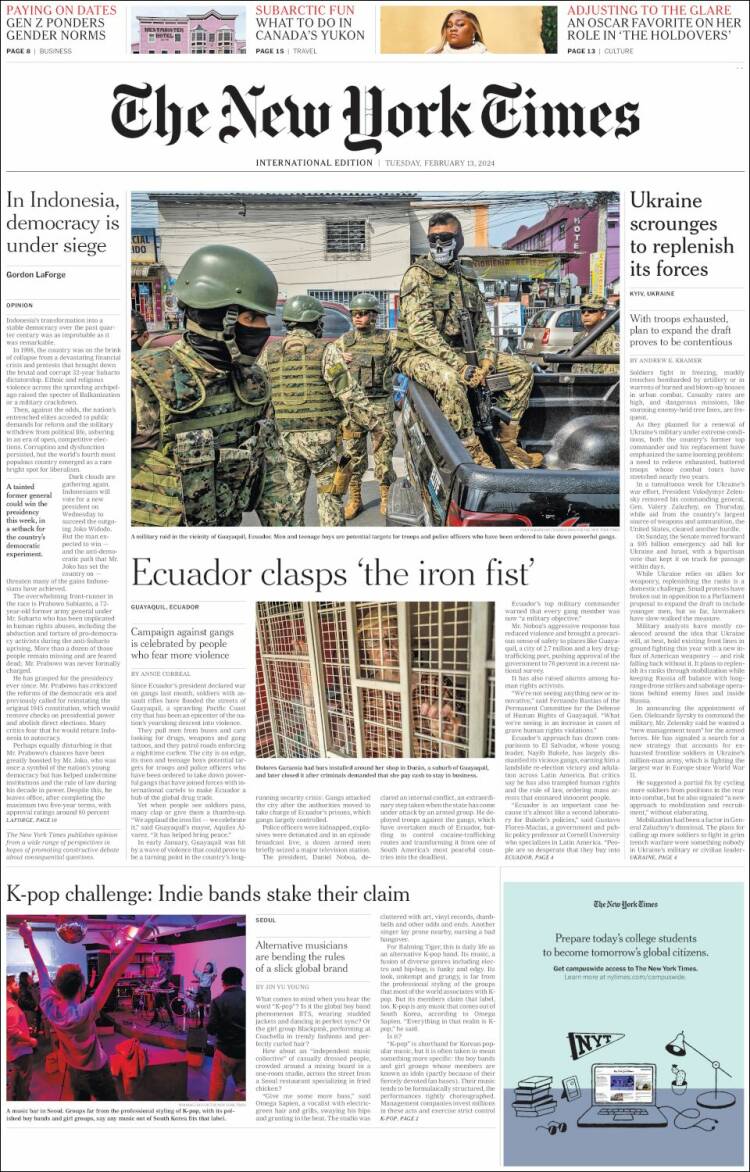 Portada de International New York Times (Europa)