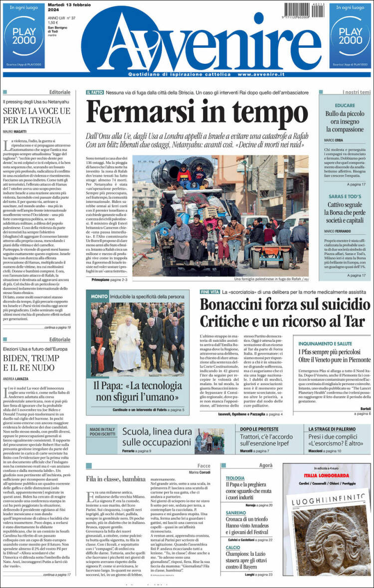 Portada de Avvenire (Italia)