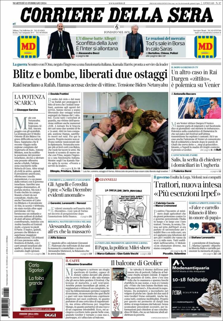 Portada de Corriere della Sera (Italia)