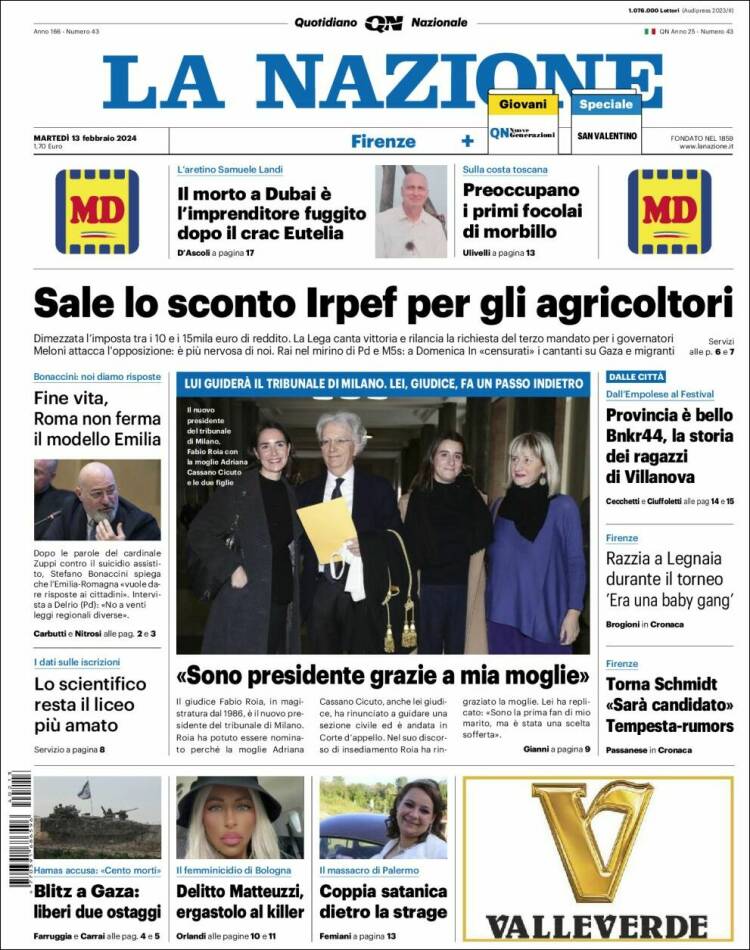 Portada de La Nazione (Italia)
