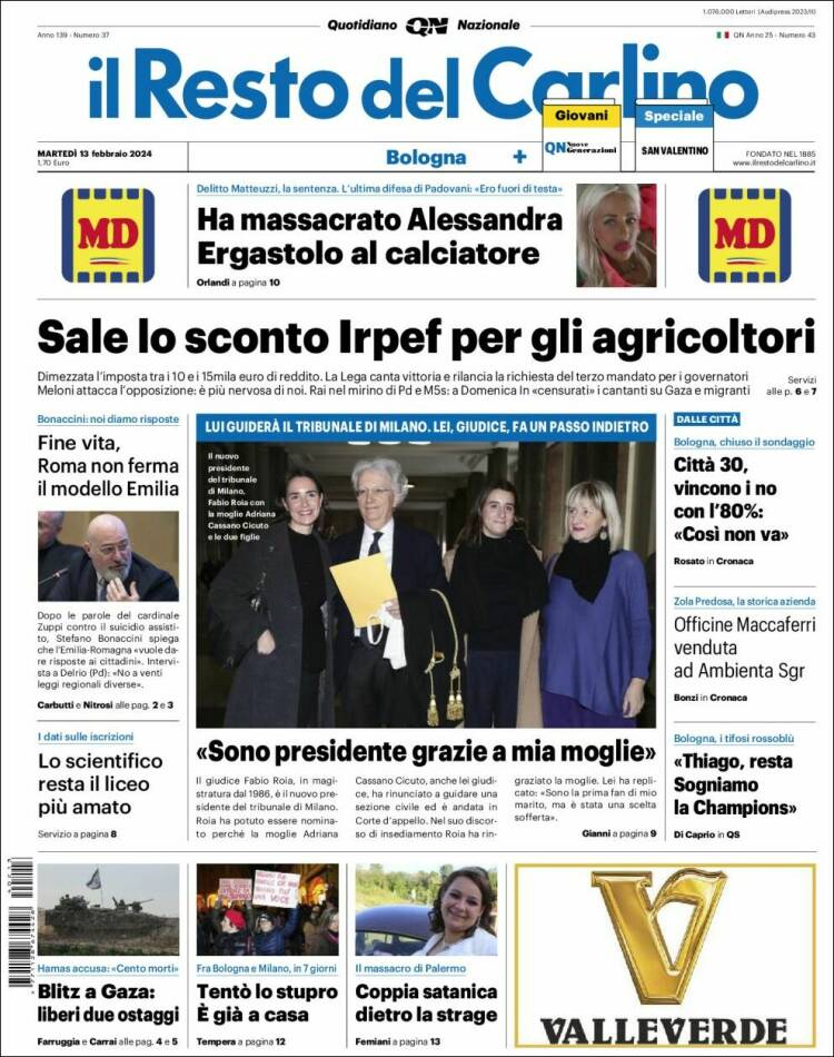 Portada de Il Resto del Carlino (Italia)