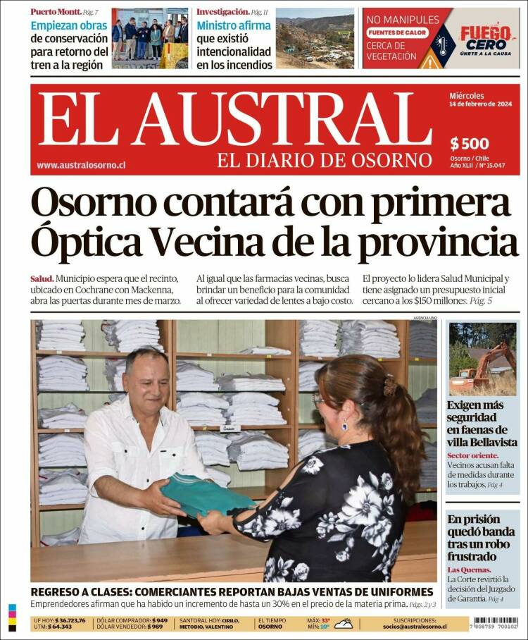 Portada de El Austral de Osorno (Chile)