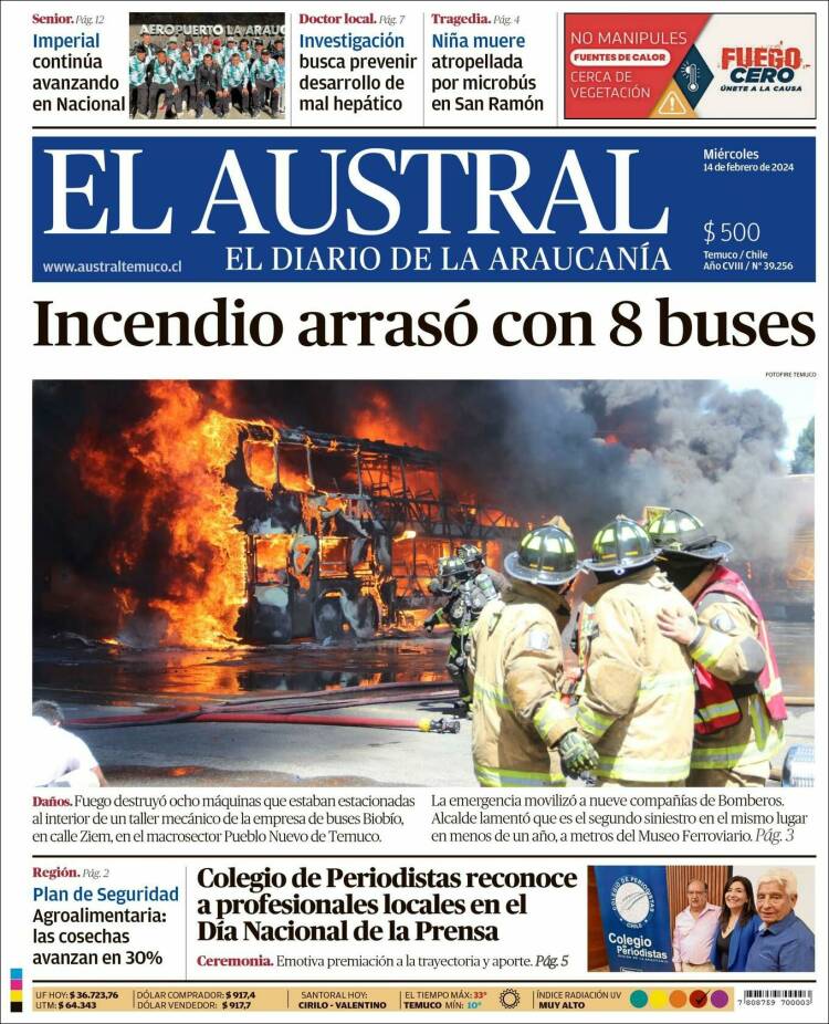 Portada de El Austral de Temuco (Chile)