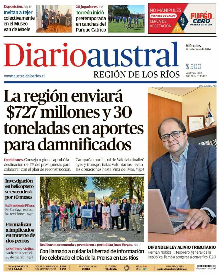 Portada de El Diario Austral de Valdivia (Chile)